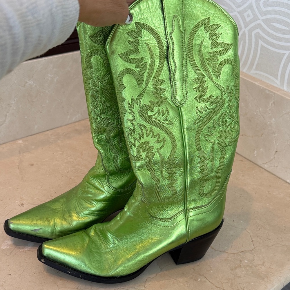 Lime Green Embroidered Women's Heeled Boots